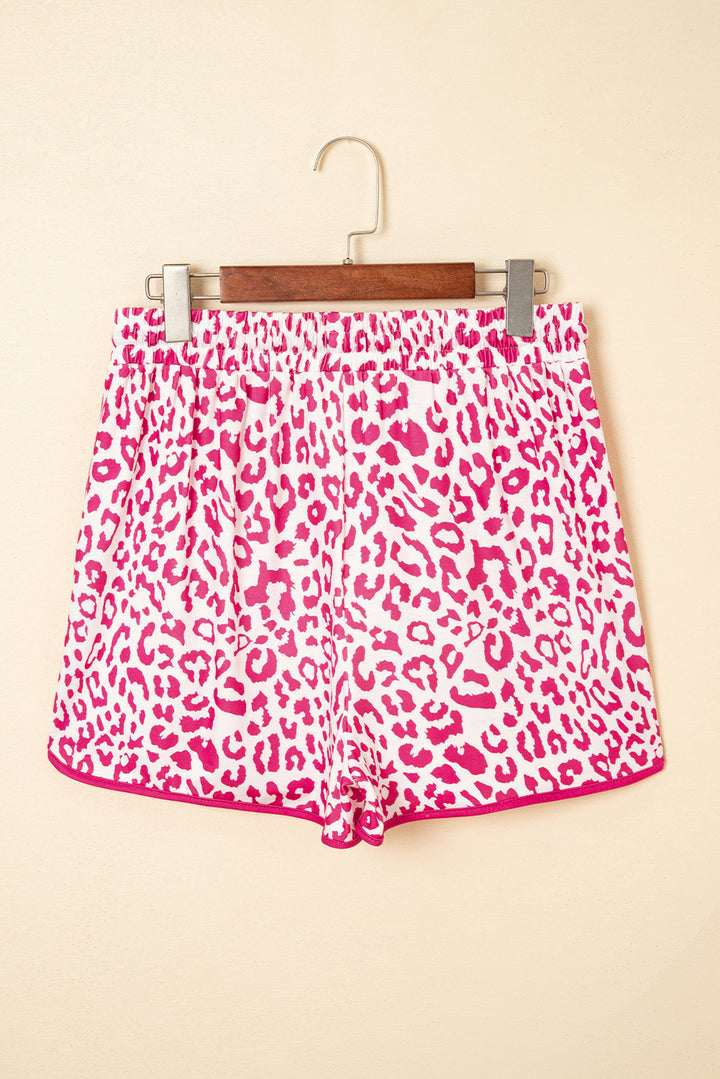 Pink Leopard Elastic Waist Lace up Contrast Trim Casual Shorts