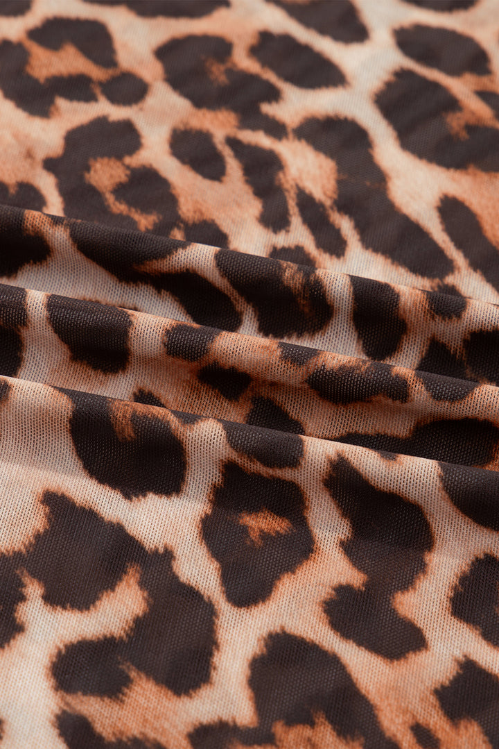 Brown Leopard Mock Neck Long Sleeve Mesh Top