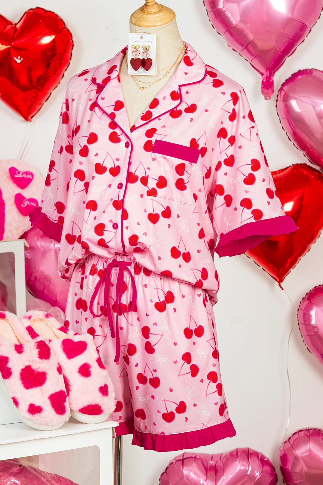 Rose Cherry Bow Mixed Print Scalloped Edge Short Pajama Set