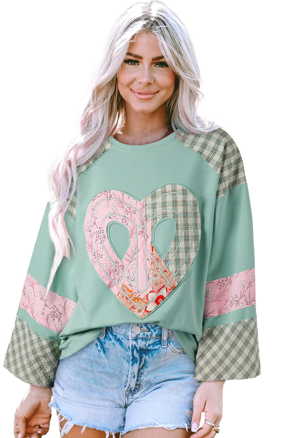 Plaid Floral Peace Heart Graphic Wide Long Sleeve Top