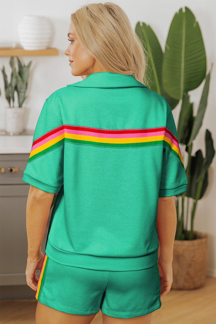 Rainbow Colorblock Collared Short Sleeve Top 2 Piece Shorts Set
