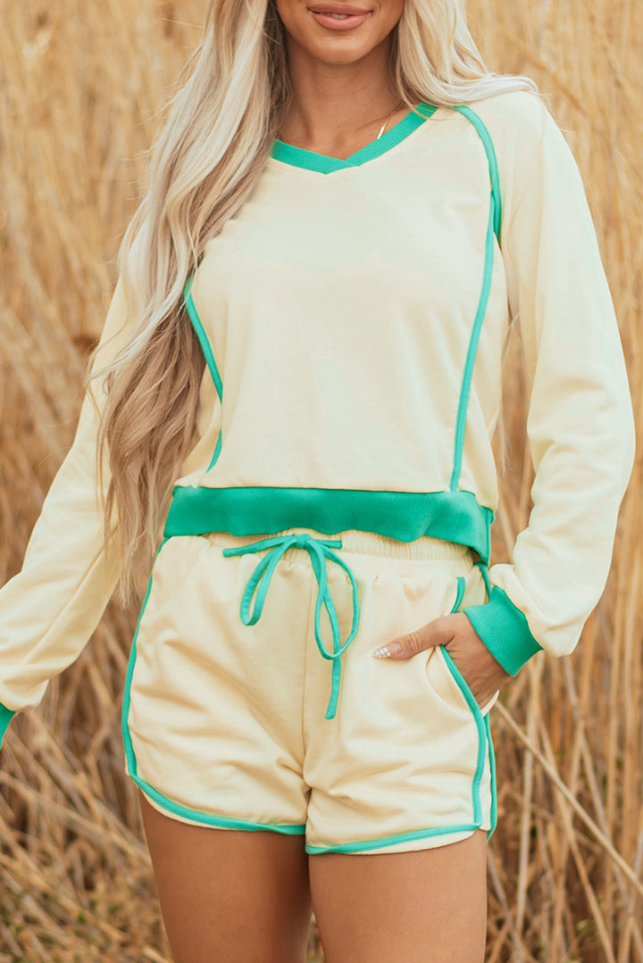 White Contrast Trim Colorblock Long Sleeve Pullover and Drawstring Shorts 2pcs Outfit