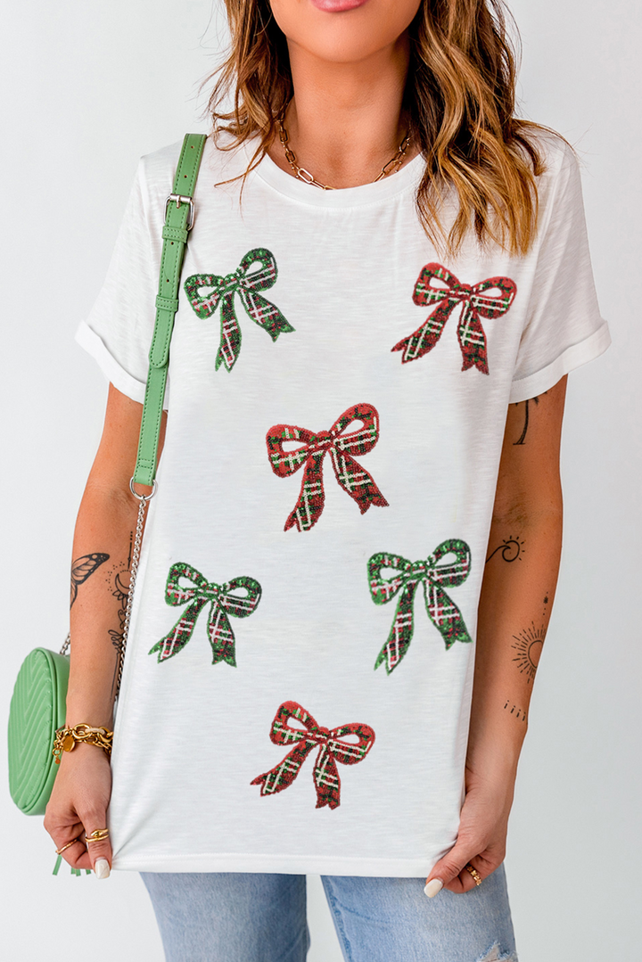 White Christmas Bowknot Patched Graphic Cotton Blend T Shirt