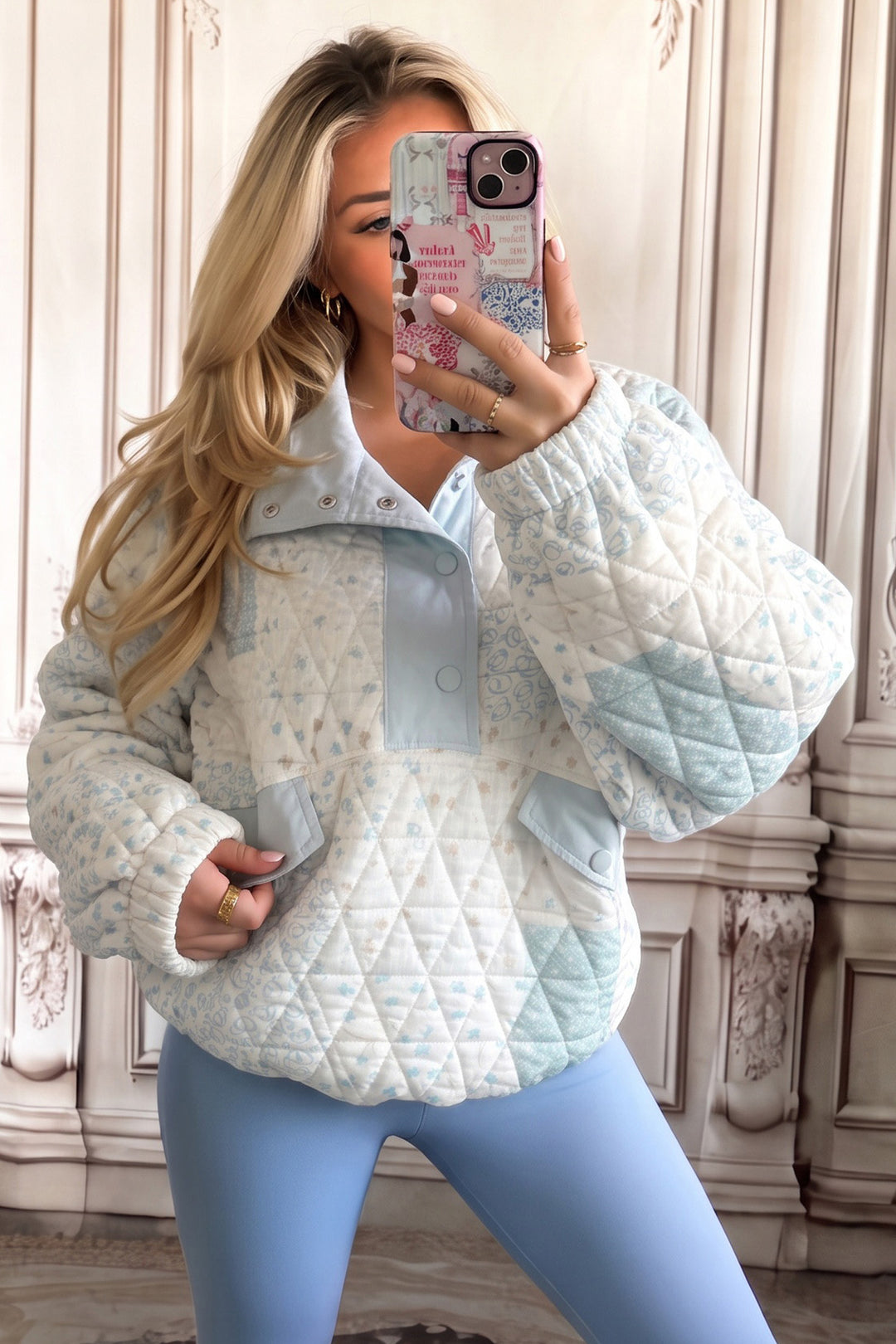 Floral Quilted Half Button Pocketed Pullover Sweatshirt