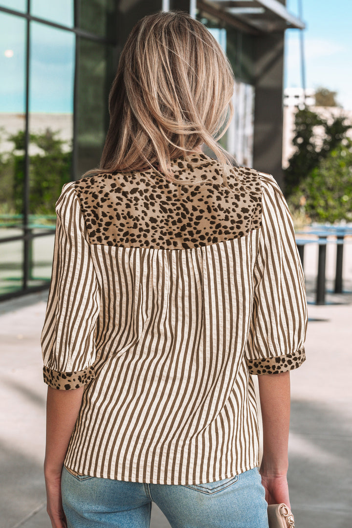 Pink Stripe Leopard Trim V Neck Button Down Half Sleeve Shirt