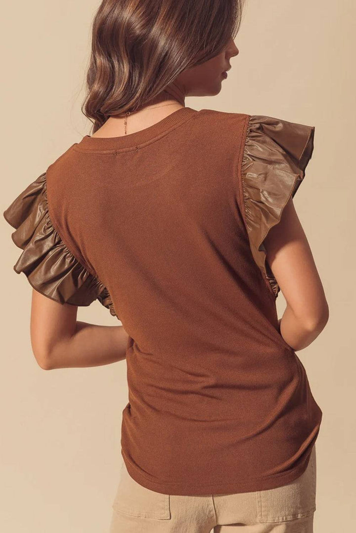 Back view of Brown Leather Ruffle Sleeve Patchwork Round Neck Blouse with pleated faux leather sleeves, shop at Faith & Co. Boutique.