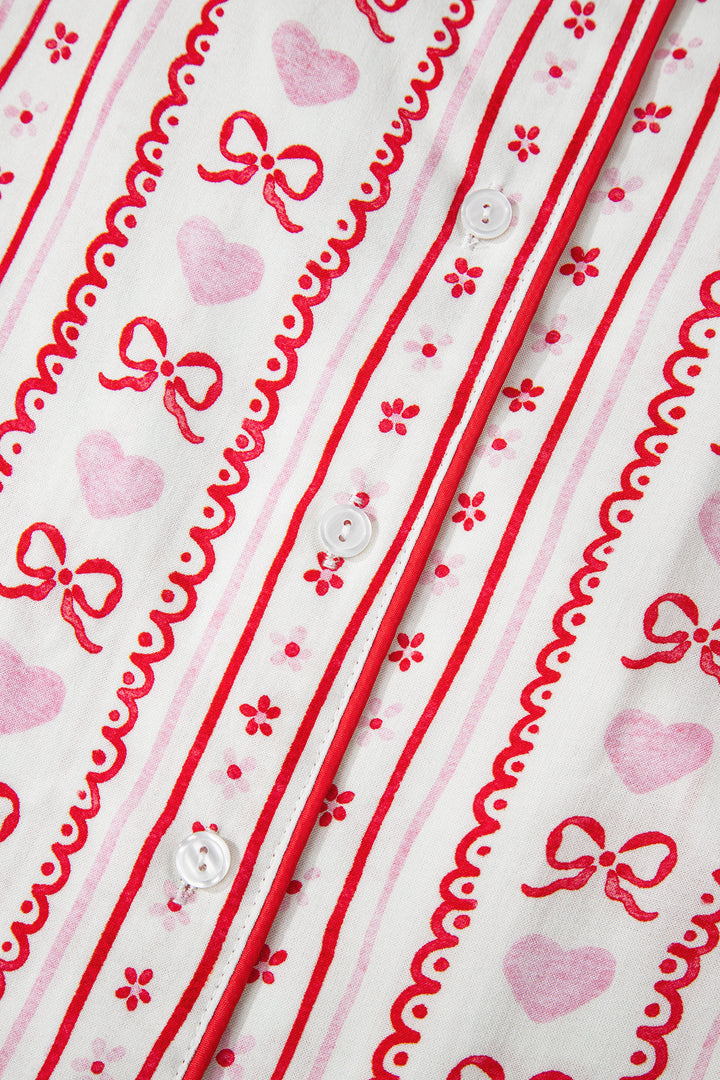 Red Cute Bow Heart Print Ribbon Decor Short 2pcs Pajama Set