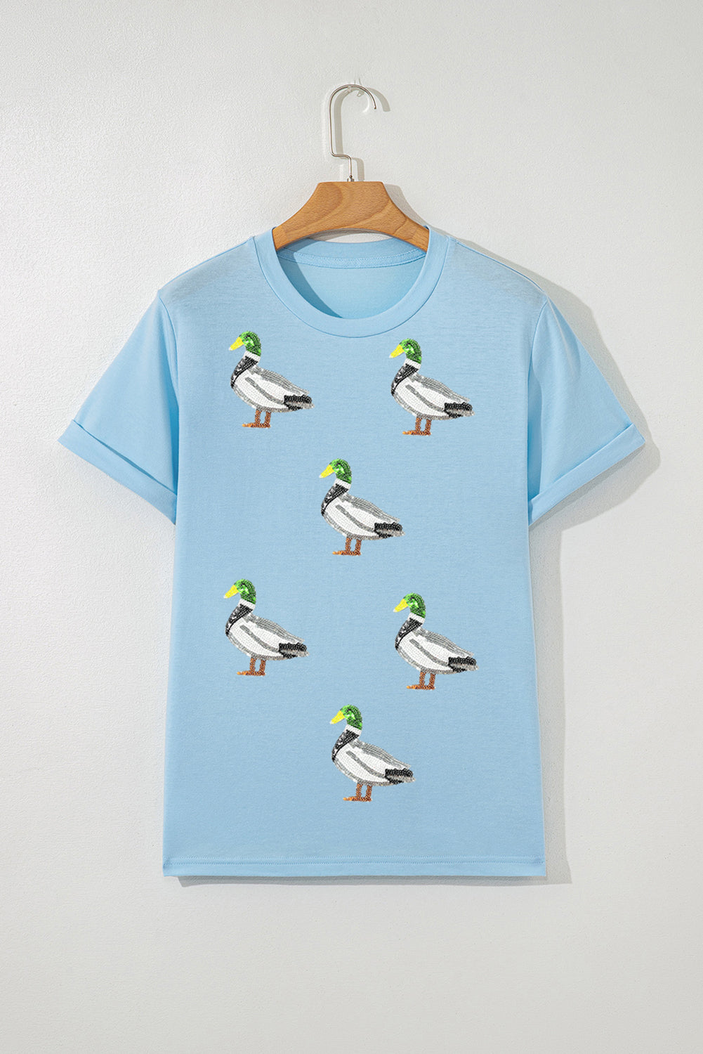 Light Blue Mallard Duck Graphic Sequins Patch Casual Tee