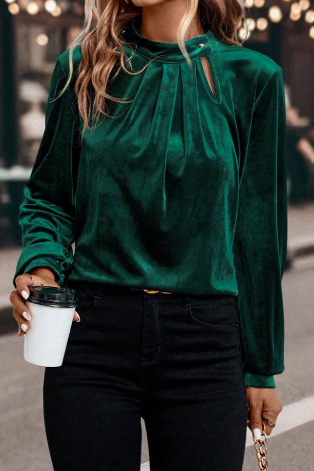 Evergreen Asymmetric Button Keyhole Neck Long Sleeve Velvet Blouse