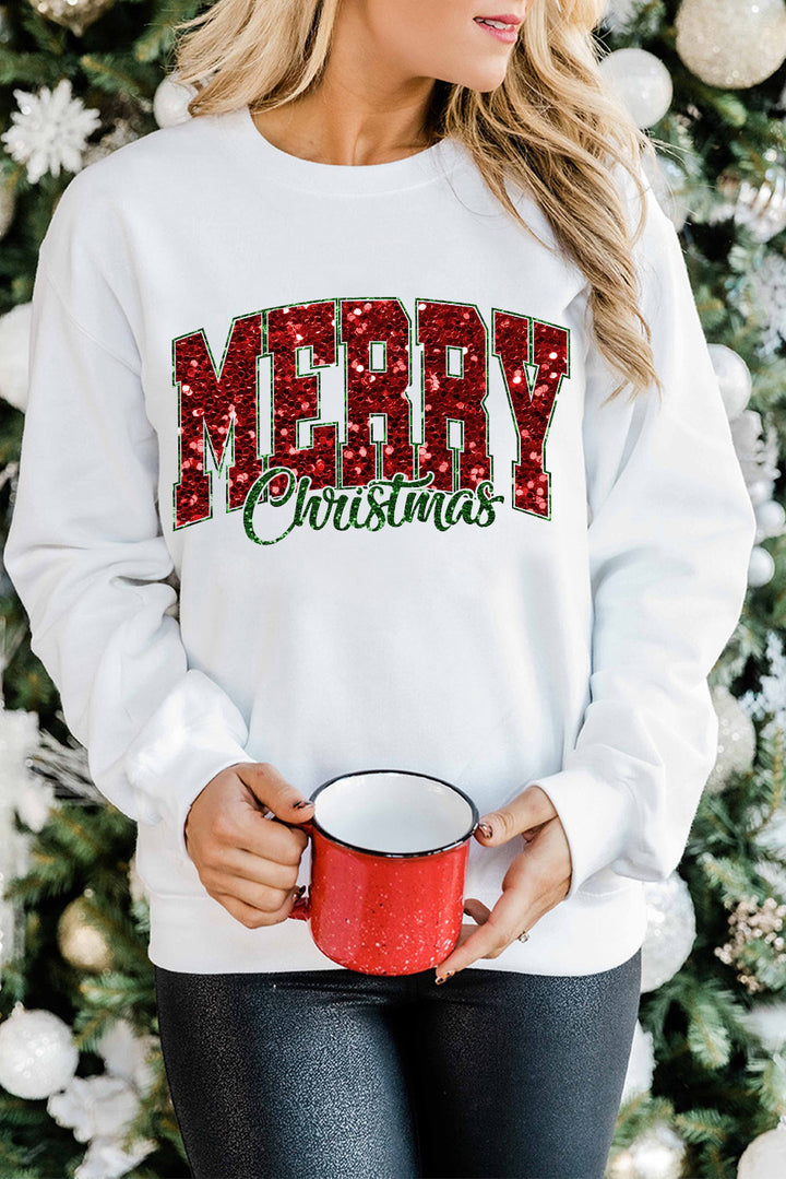 Shop Beige MERRY Christmas Heat Transfer Printing Crewneck Pullover Sweatshirt at Faith & Co. Boutique, featuring bold red and green lettering, perfect for festive casual wear.