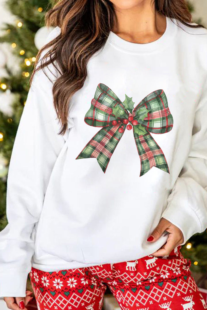 Beige Plaid Bow Graphic Christmas Crewneck Sweatshirt