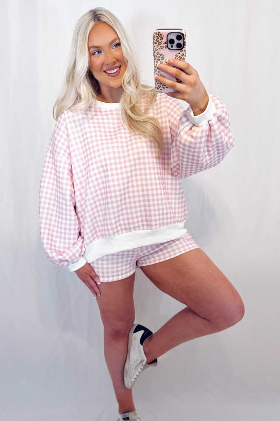 Plaid Baggy Pullover Drawstring Casual Shorts 2pcs Outfit