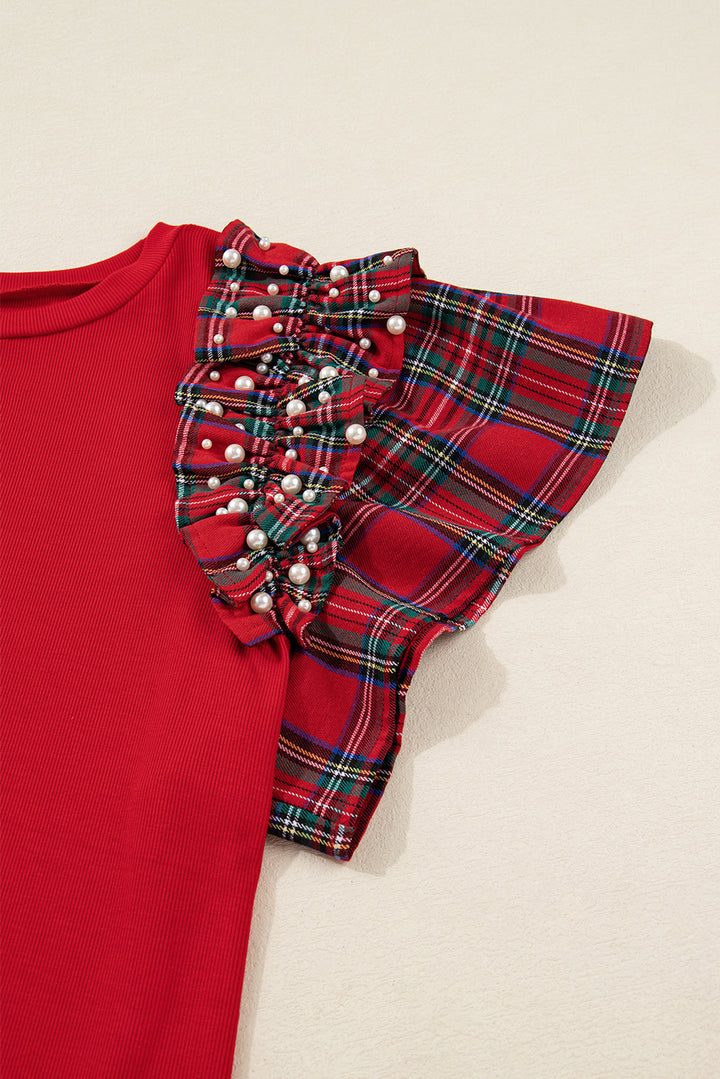 Racing Red Plaid Pearl Ruffled Short Sleeve Knitted Christmas Holiday Plus Size T-shirt