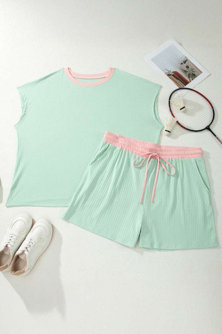Plus Size Ribbed Color Block Trim Drawstring Shorts 2pcs Set