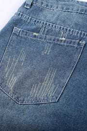 Distressed Ripped Rolled Hem Blue Denim Shorts -