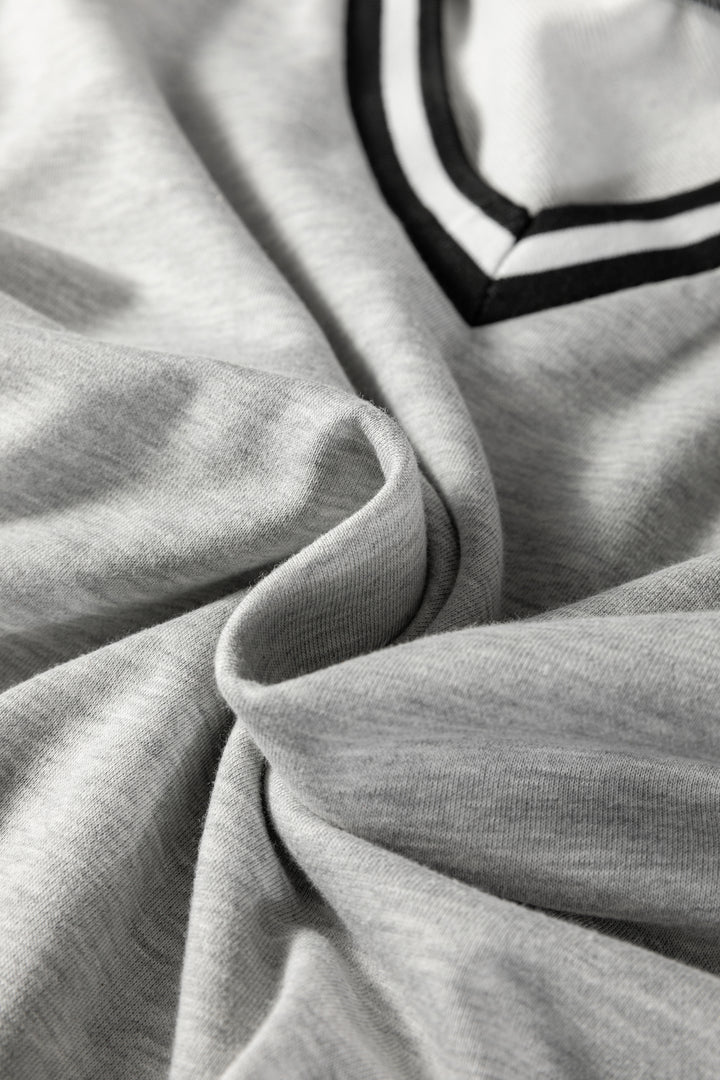 Light Grey Striped Trim V Neck Long Sleeve Preppy T Shirt Dress