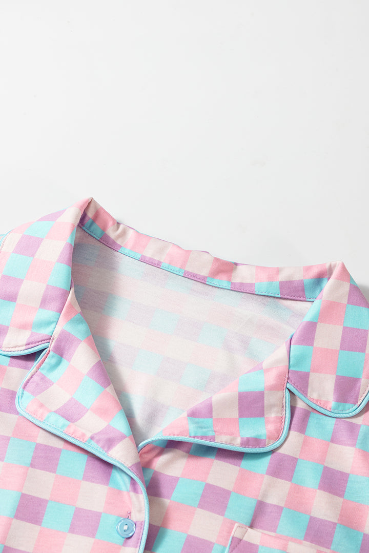 Collar and chest pocket detail of Purple Checkered Pattern Short Sleeve Pajamas Set, designed for casual comfort and style.