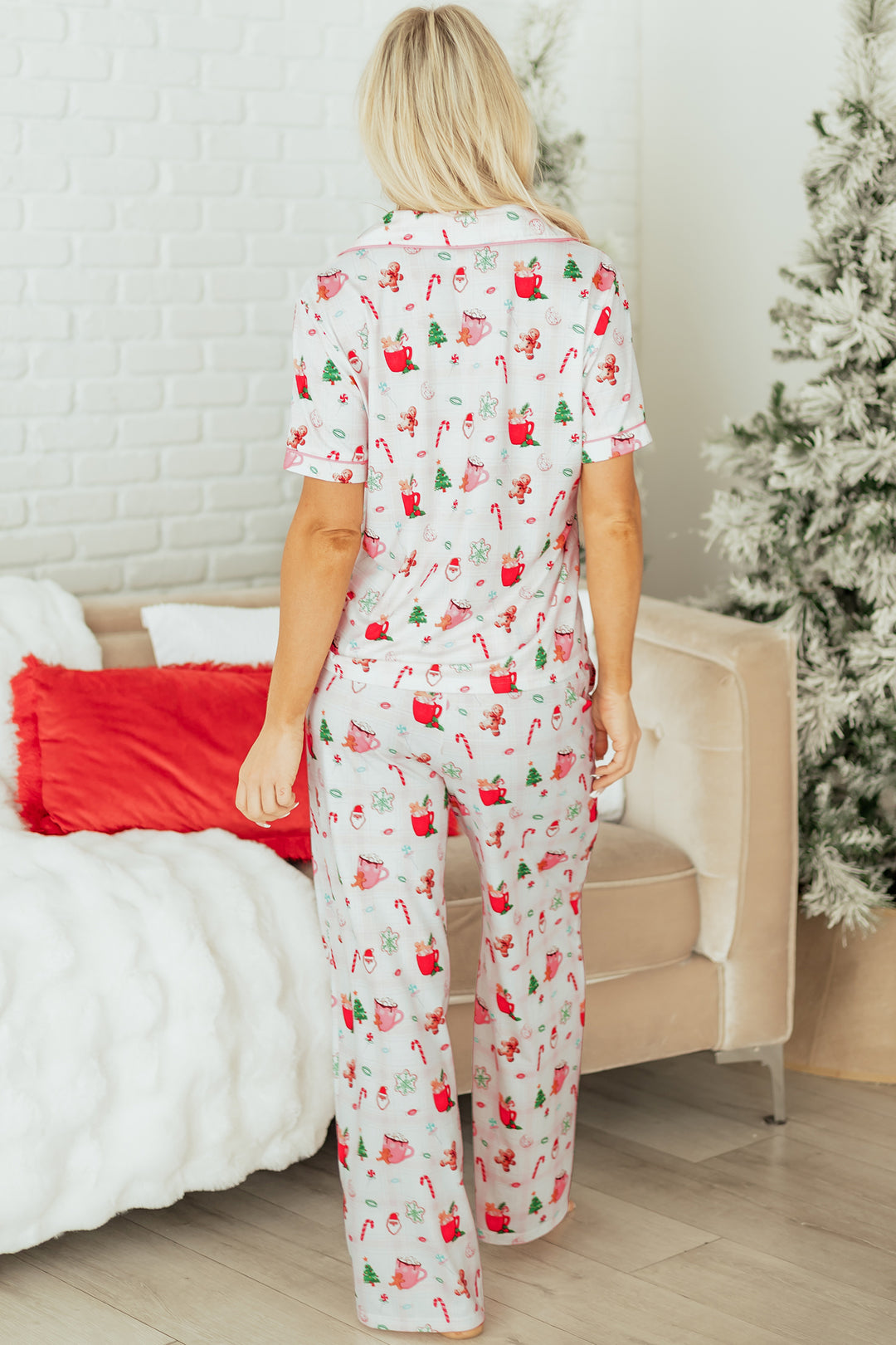 Pink Christmas Spirit Cute Holiday Print Short Sleeve Shirt and Pants 2pcs Pajama Set