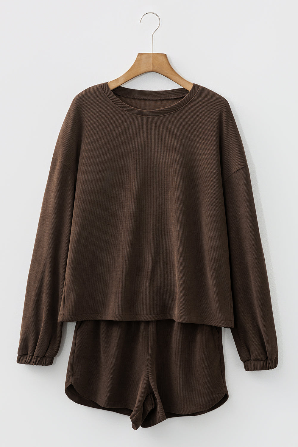 Solid Color Textured Knit Drop Shoulder Pullover Drawstring Shorts Set