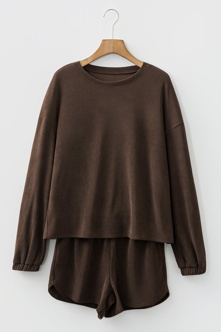 Solid Color Textured Knit Drop Shoulder Pullover Drawstring Shorts Set