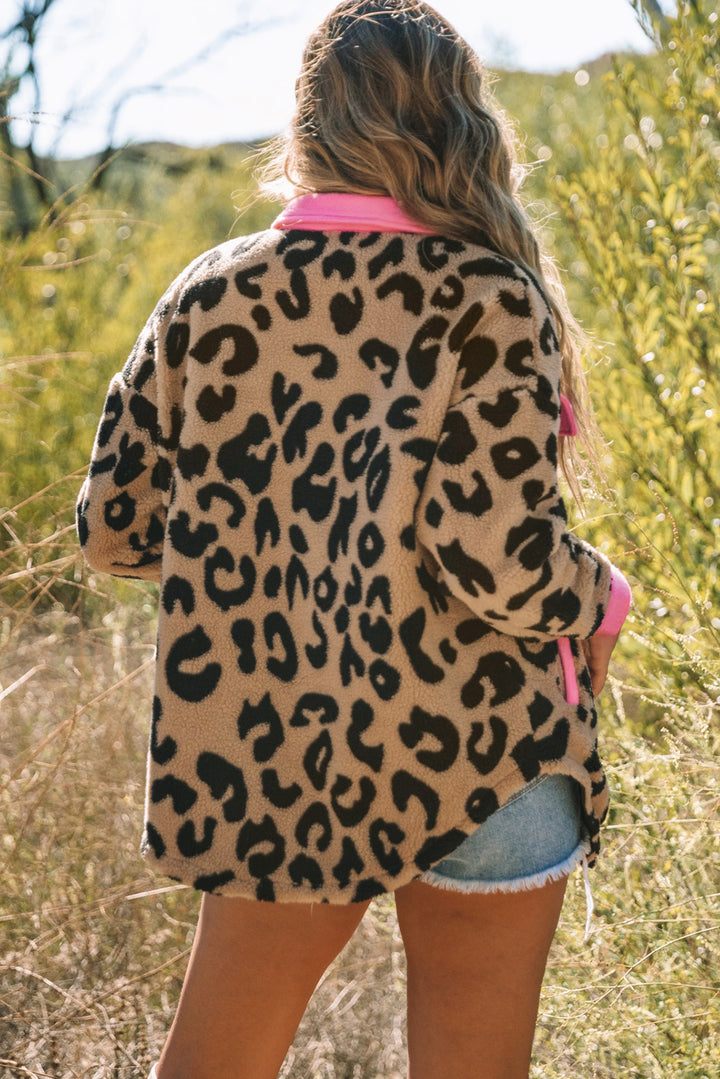 Contrast Trimmed Leopard Teddy Shacket