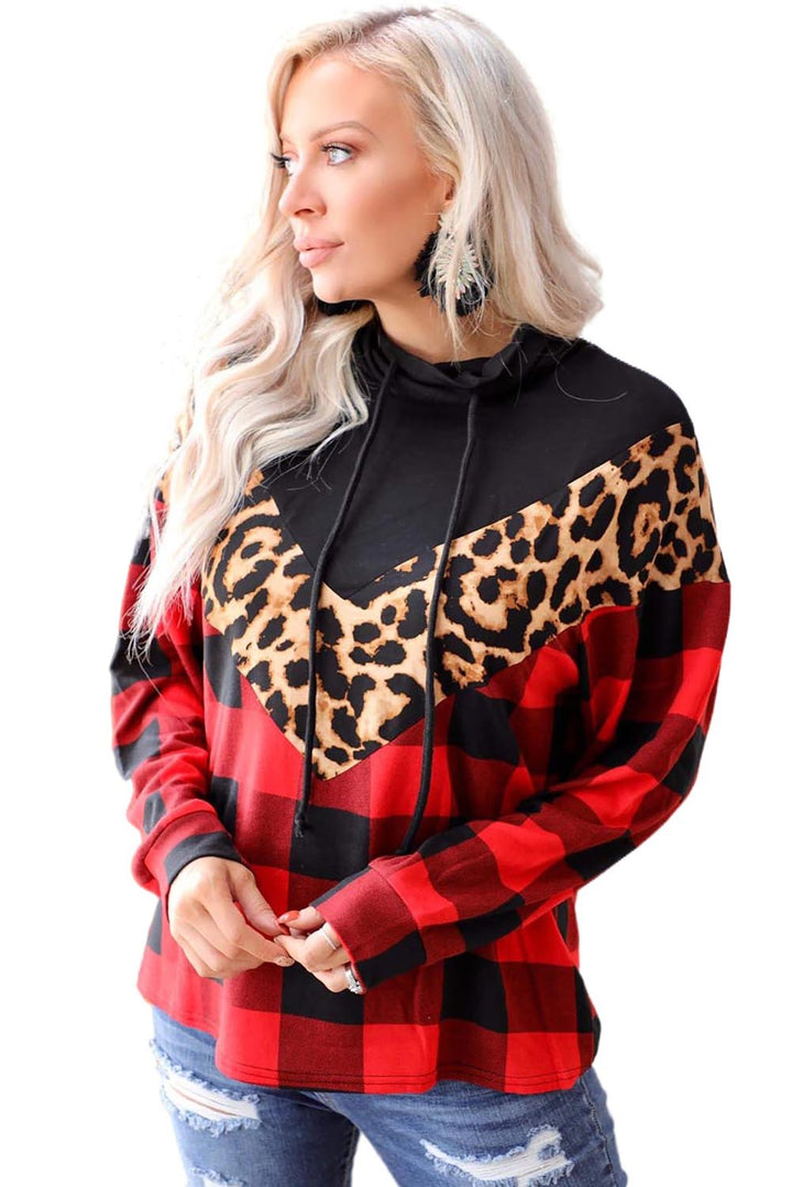 Red Chevron Plaid Leopard Patchwork Turtleneck Sweatshirt