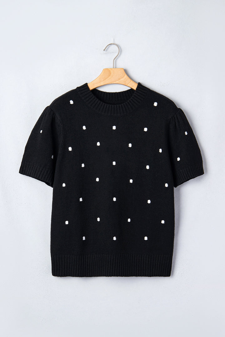Black Elegant Polka Dot Bubble Short Sleeve Sweater