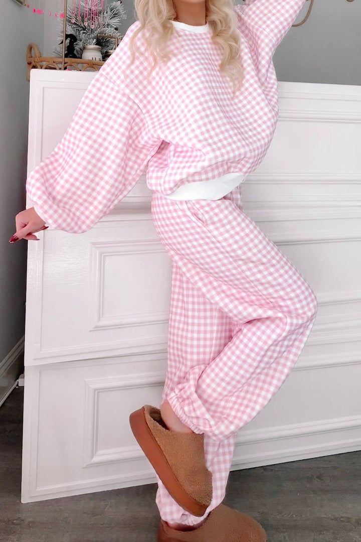 Pink Plaid Long Sleeve Two Piece Pant Set