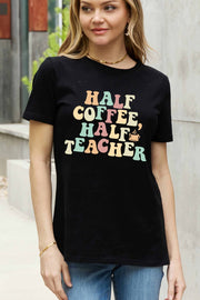 a woman wearing a black half coffee half teacher t - shirt