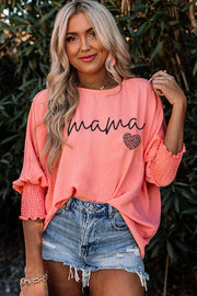 Pink mama Leopard Heart Graphic Shirred 3/4 Sleeve Tee -