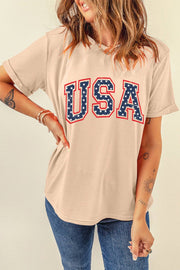 Khaki Star USA Graphic Crewneck Roll Up Sleeve T Shirt -