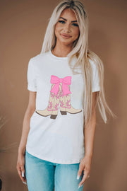 White Casual Boots Bow Graphic Round Neck T Shirt Faith & Co. Boutique