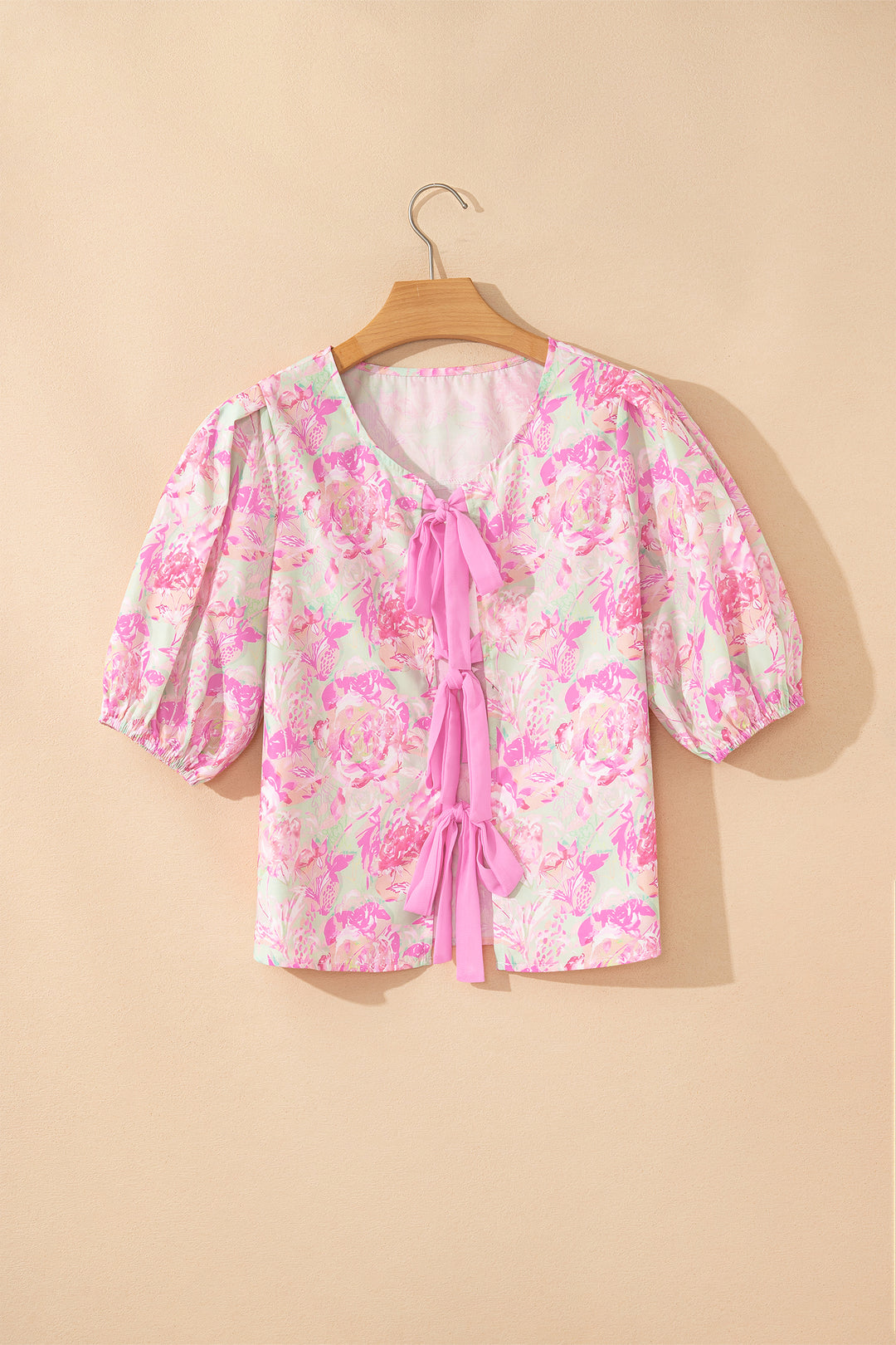 Pink Ribbon Knot Front Floral Short Puff Sleeve Blouse