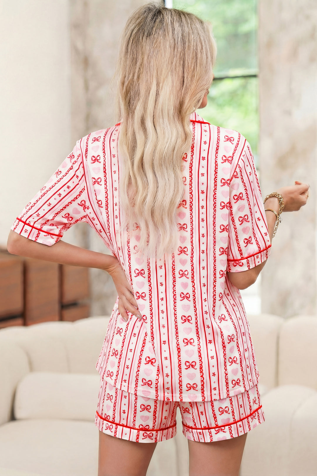 Red Cute Bow Heart Print Ribbon Decor Short 2pcs Pajama Set