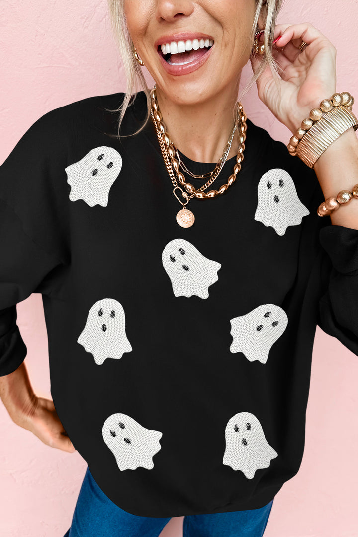 Sequin Halloween Ghost Patched Drop Shoulder Sweatshirt