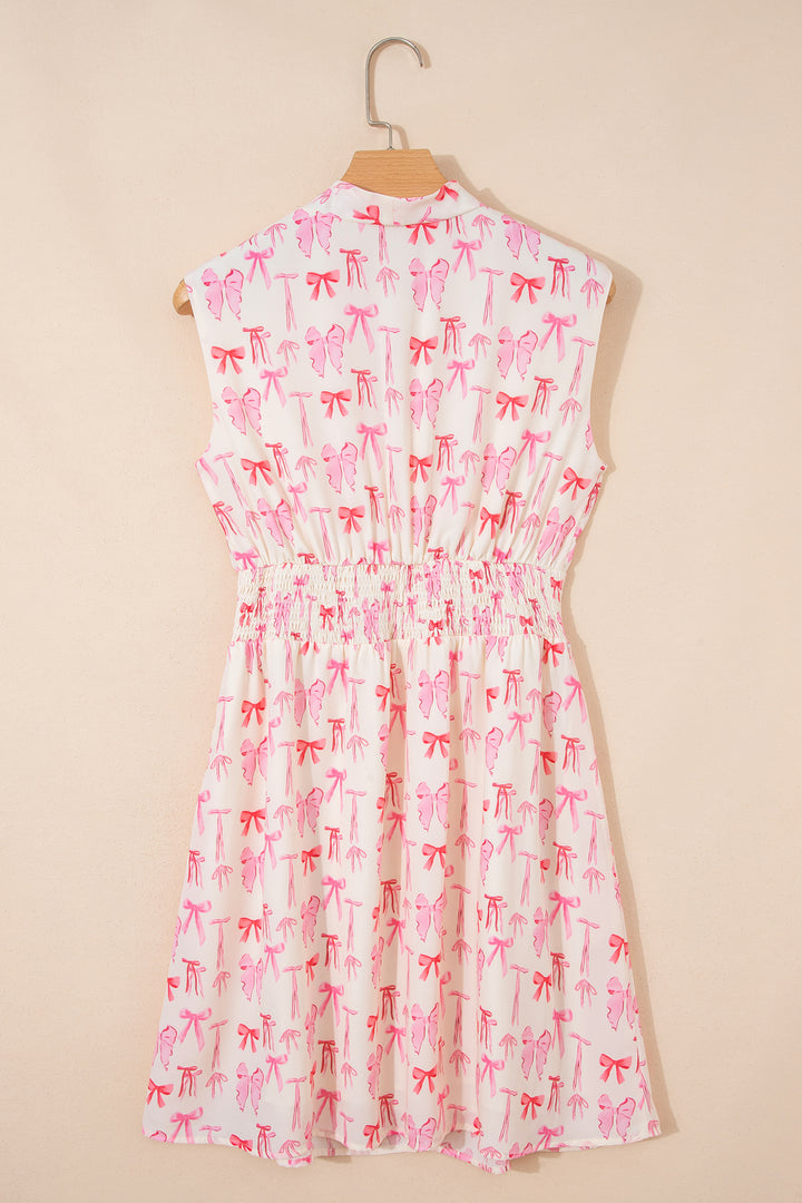 Pink Full Zip Cinched Waist Sleeveless Bow Mini Dress