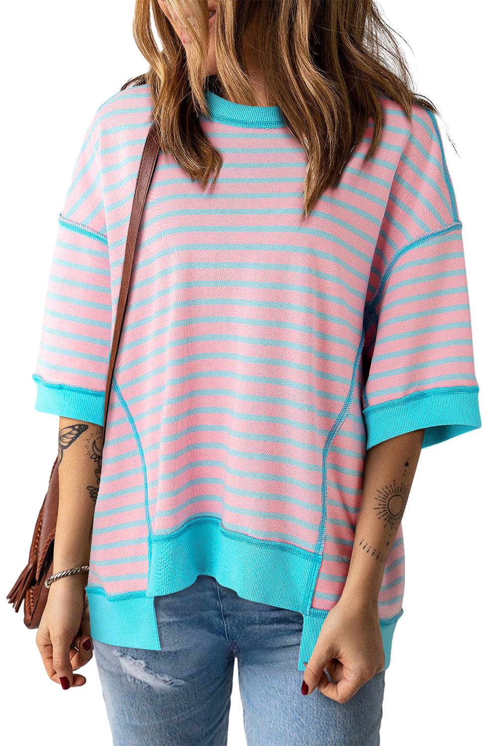 Stripe Oversized Contrast Trim Exposed Seam High Low T Shirt