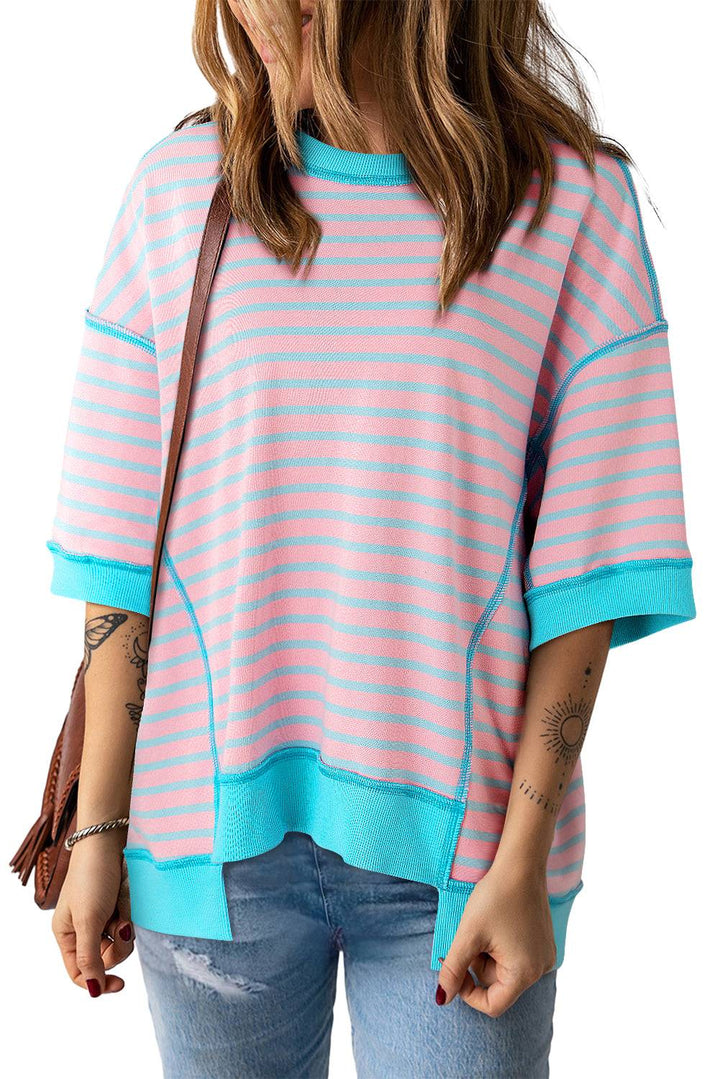 Stripe Oversized Contrast Trim Exposed Seam High Low T Shirt