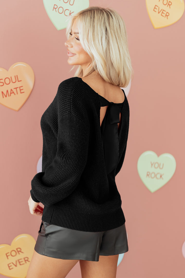 Ribbed Knit Ribbon Knot Backless Drop Shoulder Sweater