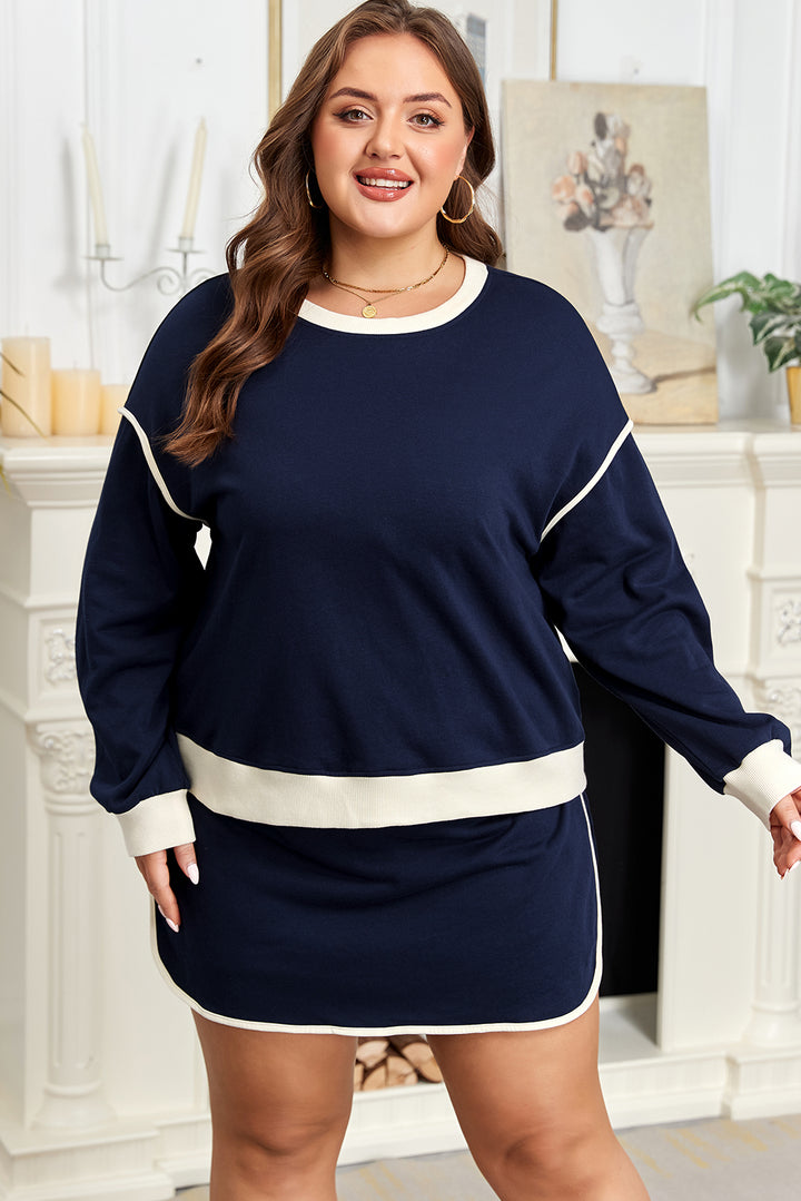 Navy Blue Plus Color Block Drop Shoulder Top and Lace-up Skirt Outfit