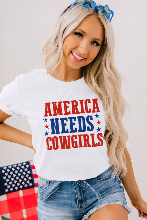 a woman wearing a t - shirt that says america needs cowgirls