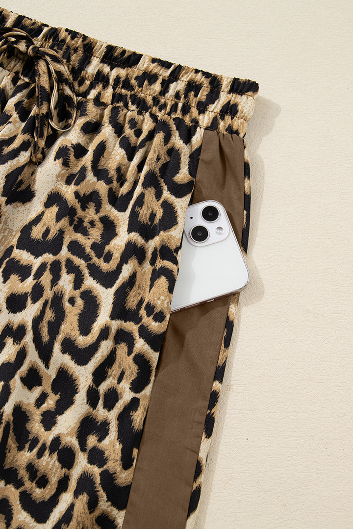 Brown Leopard Collared 3/4 Sleeve Shirt and Loose Pants Two Piece Outfit Set