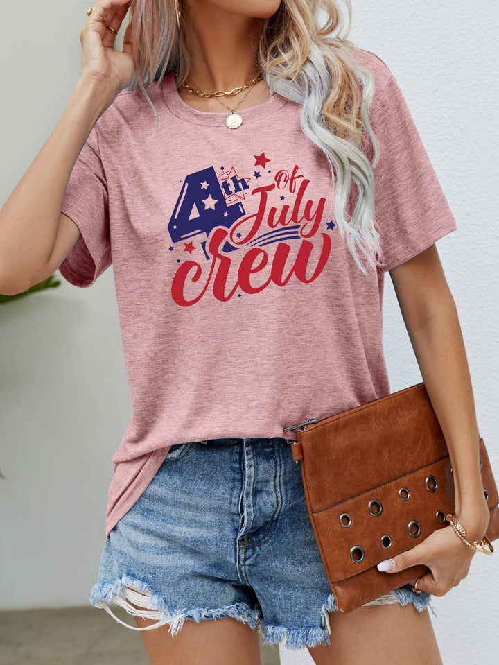 a woman wearing a fourth of july crew t - shirt