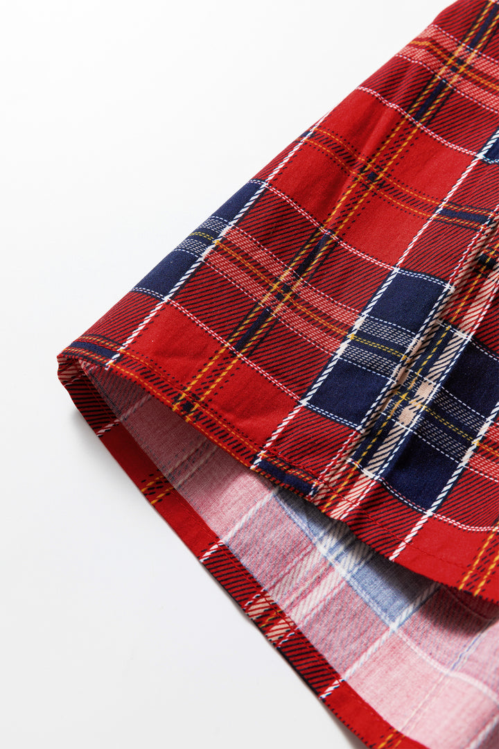 Red Plaid Print Frilly Collar Long Sleeve Shift Mini Dress