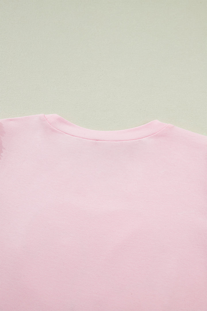 Light Pink Three Sweet Hearts Printed Sequin Trim Contrast Sleeve Patchwork Tee