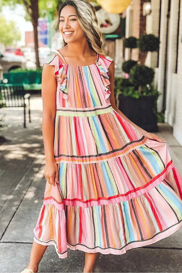 Pink Rainbow Stripe Ruffles Ruched Tiered Dress -