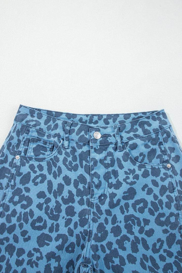 Sky Blue Leopard Print Straight Loose Jeans