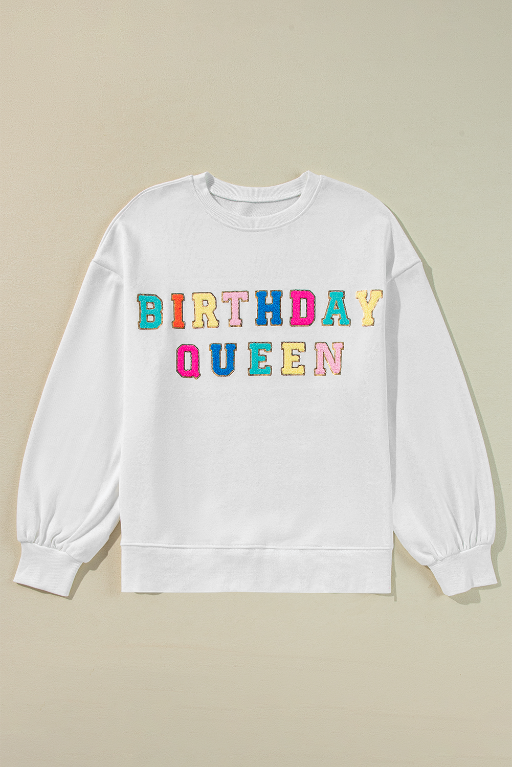 White BIRTHDAY QUEEN Graphic Lantern Sleeve Sweatshirt