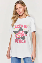 a woman wearing a white t - shirt that says let's go girls