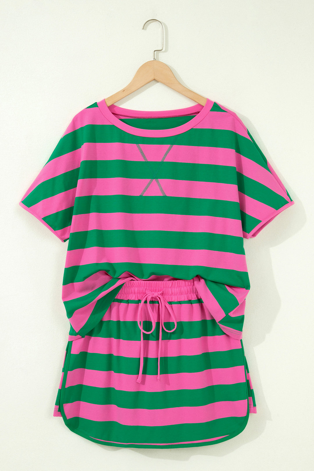 Stripe Dolman Tee Drawstring Skort Athletic 2pcs Set